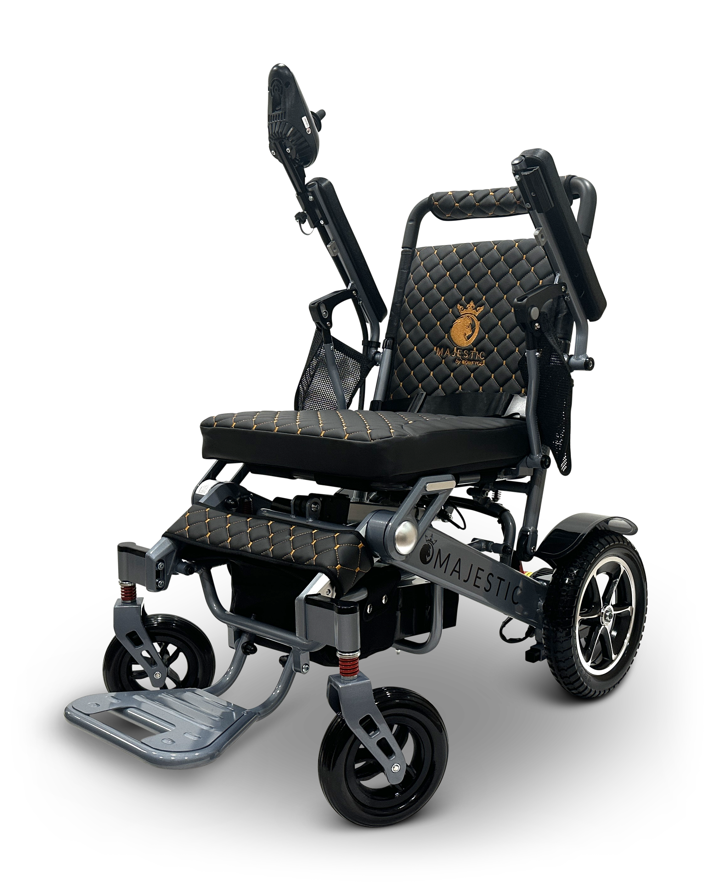 The MAJESTIC IQ-7000 is an auto-folding, black and gold electric wheelchair with a quilted seat, backrest logo, armrests, footplate, and spring suspension wheels. Its lightweight design includes a 360-degree joystick for effortless maneuverability.